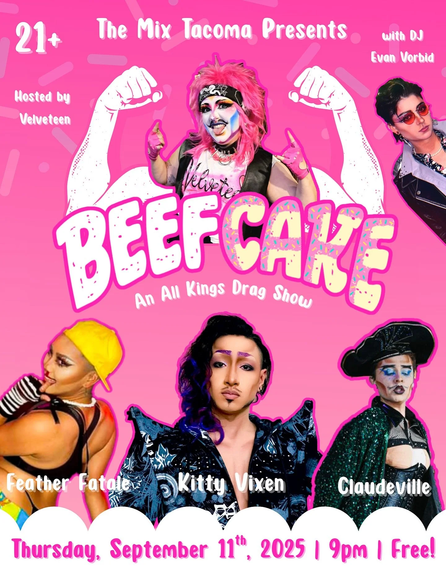 👑✨ ALL HAIL THE KINGS! ✨👑

Tacoma, are you ready to bow down? A brand new era of drag is here, and it&rsquo;s all about the Kings. Join us for BEEFCAKE every 2nd Thursday of the month!

Hosted by the ever-smooth and unshakably fierce Velveteen, thi