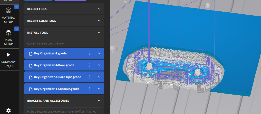 Screenshot of a computer-aided design (CAD) software interface showing a 3D model of a mechanical part with blue and gray components, and a panel with file names and options on the left side.