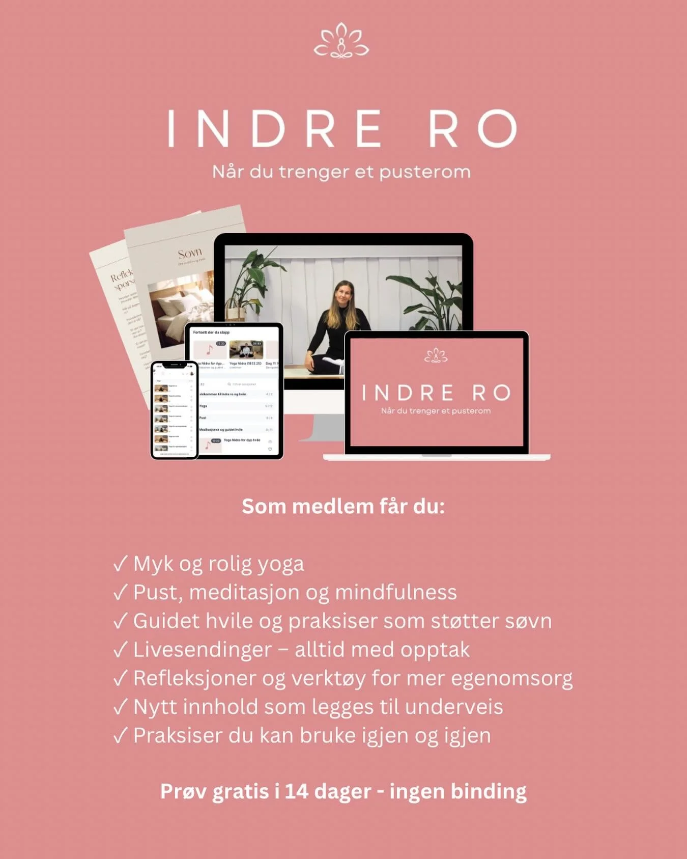 Trenger du en liten pause? ❤️
Du er du hjertelig velkommen inn i Indre ro.
Dette er en medlemsportal som gir deg et lite pusterom i hverdagen n&aring;r du kjenner at det blir litt mye.

En rolig yoga&oslash;kt p&aring; kvelden, en puste &oslash;velse