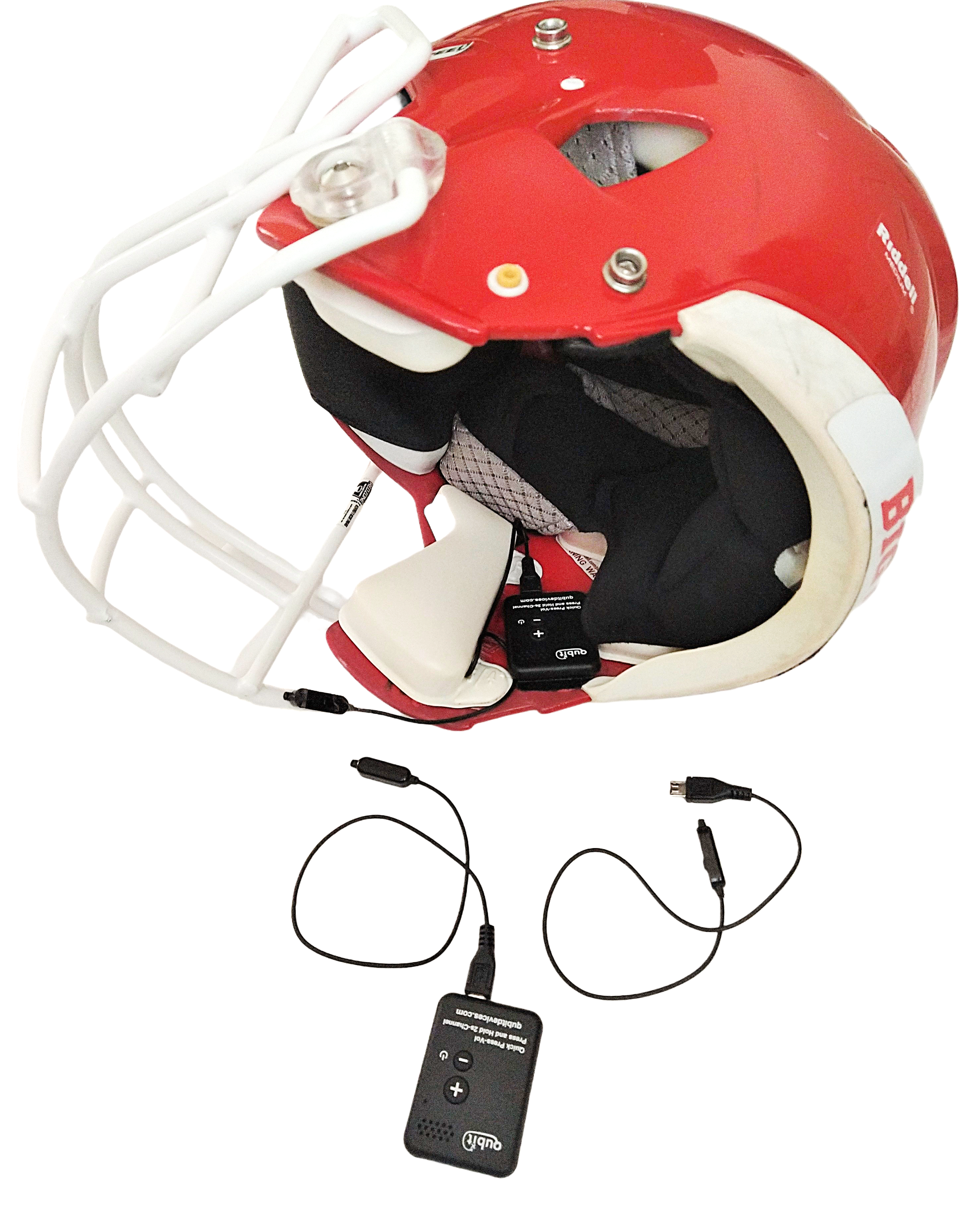 Qubit c2p coach to player communication football helmet devices. Q2 player radio receiver helmet mic kit speaker. Coach to quarterback communication. NFL style helmet comms GSC CoachComm Portaphone