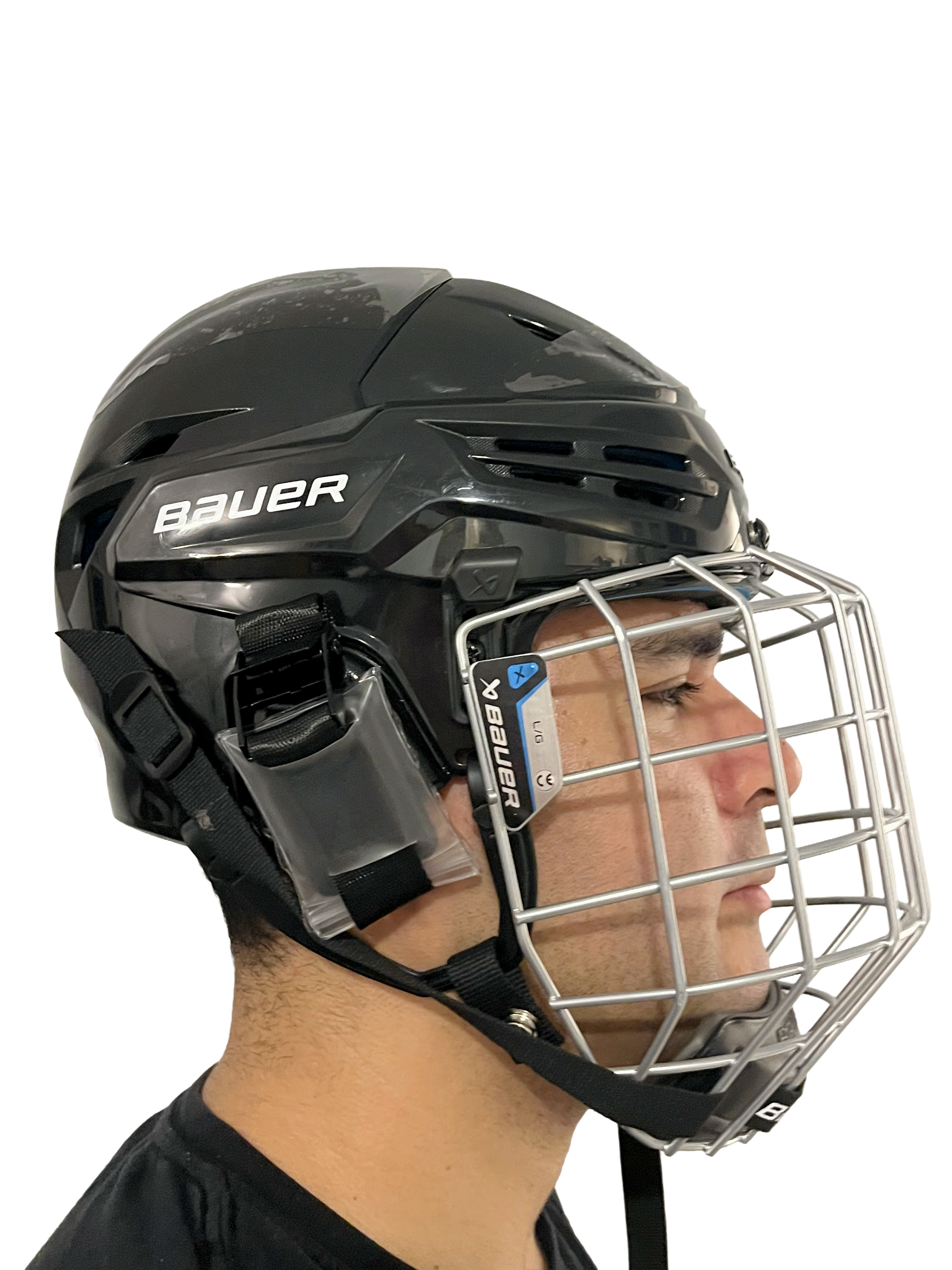 Hockey Helmet Microphone for Coach to Player Radio Communication. Strap pouch attachment