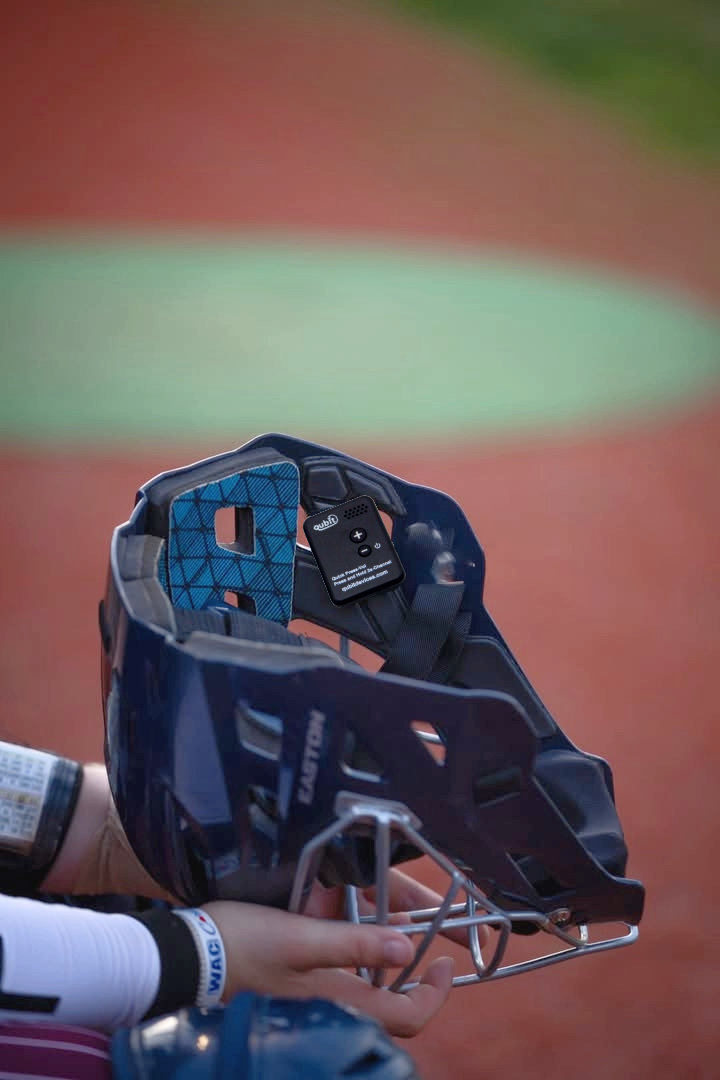 Qubit coach to catcher communication, one way communication, baseball, softball. Earpiece electronic pitch calling system. Pitchcom, Pitchcomm