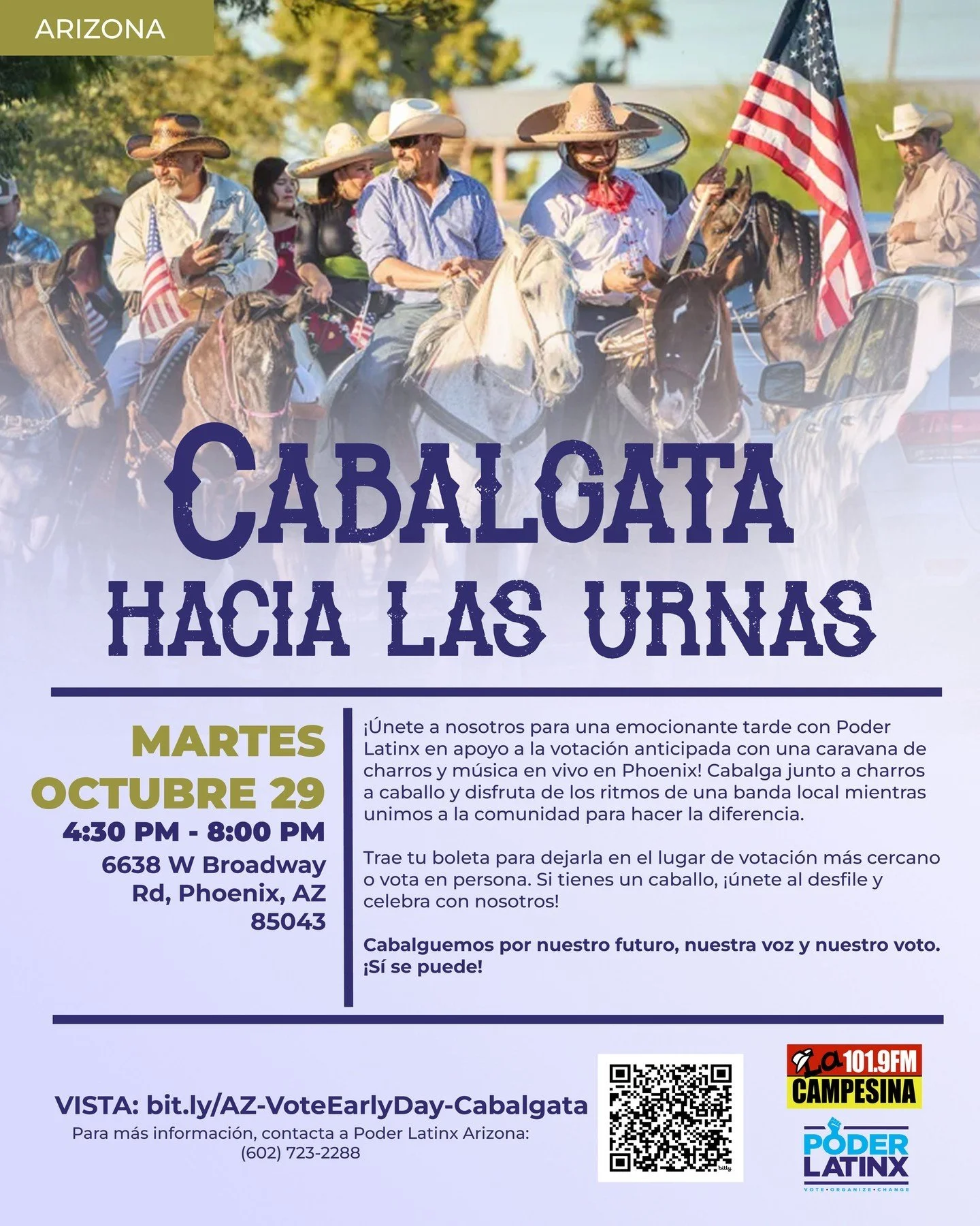 Get ready for an epic afternoon with #PoderLatinx! 🐎 Ride with charros and dance to live music in Phoenix as we rally for early voting! Drop off your ballot or vote in person. Let&rsquo;s saddle up for our future, our voice, and our vote! VISIT: bit