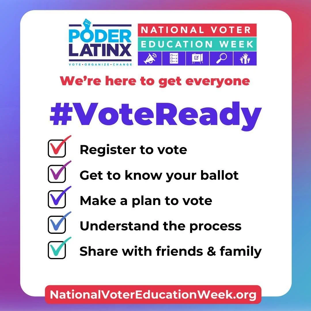 Voter education is key to protecting your rights at the polls and recognizing voter suppression. For #NationalVoterEducationWeek, we want to ensure everyone has equal access to voting 🗳️ and can participate confidently! 

Register to vote at🔗 poder