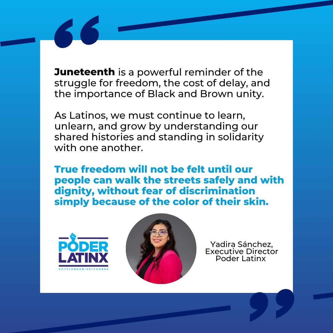 Today, we honor #Juneteenth by recognizing that the fight for freedom didn&rsquo;t end in 1865&mdash;and it still hasn&rsquo;t ended for too many of our communities. ✊🏽✊🏿

As Latinos, we stand with our Black hermanos and hermanas in the ongoing str