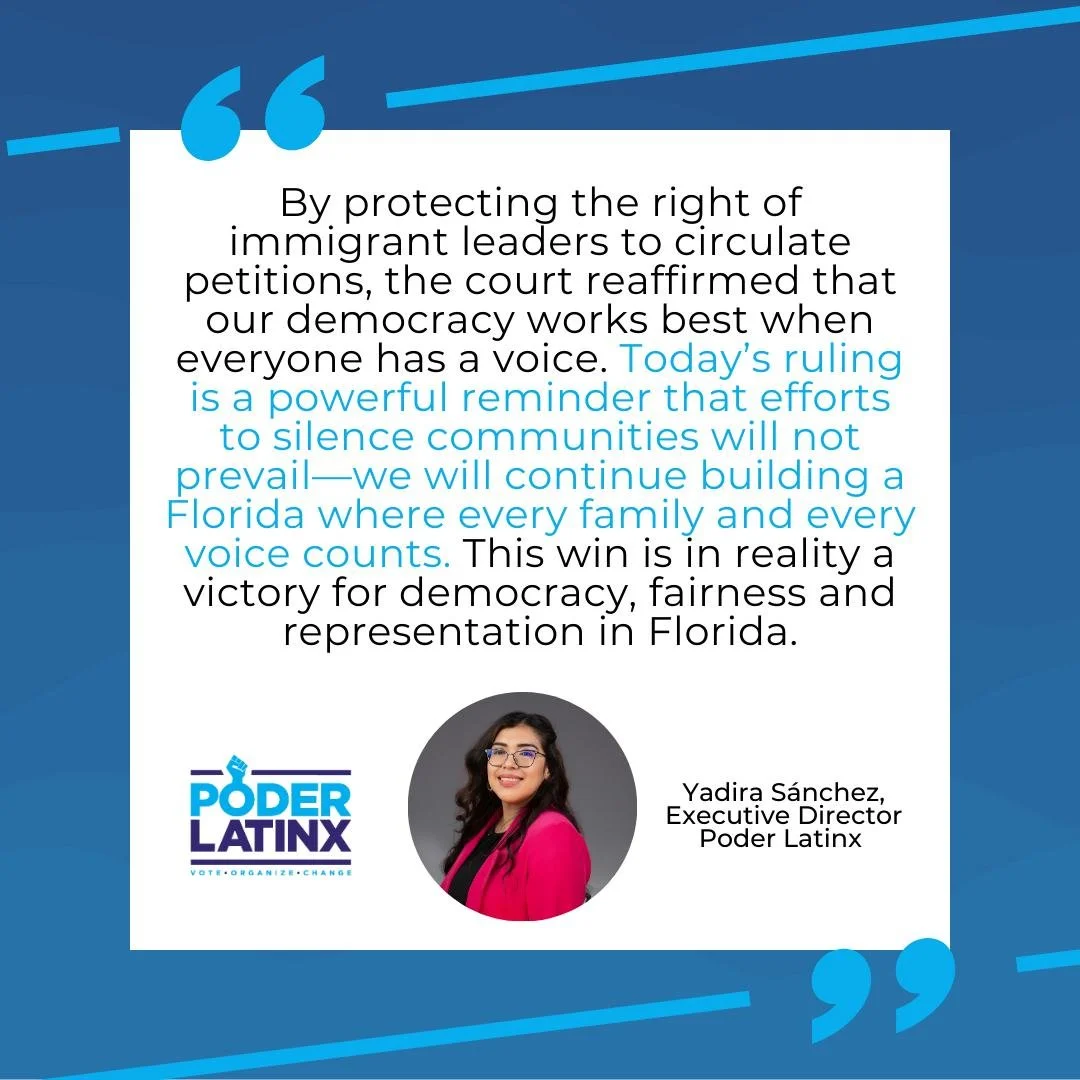 🚨 Victory for Democracy in Florida! 🚨

A federal court has blocked HB 1205&rsquo;s ban on non-citizens collecting signatures for citizen-led ballot initiatives. By protecting the right of immigrant leaders to circulate petitions, the court reaffirm