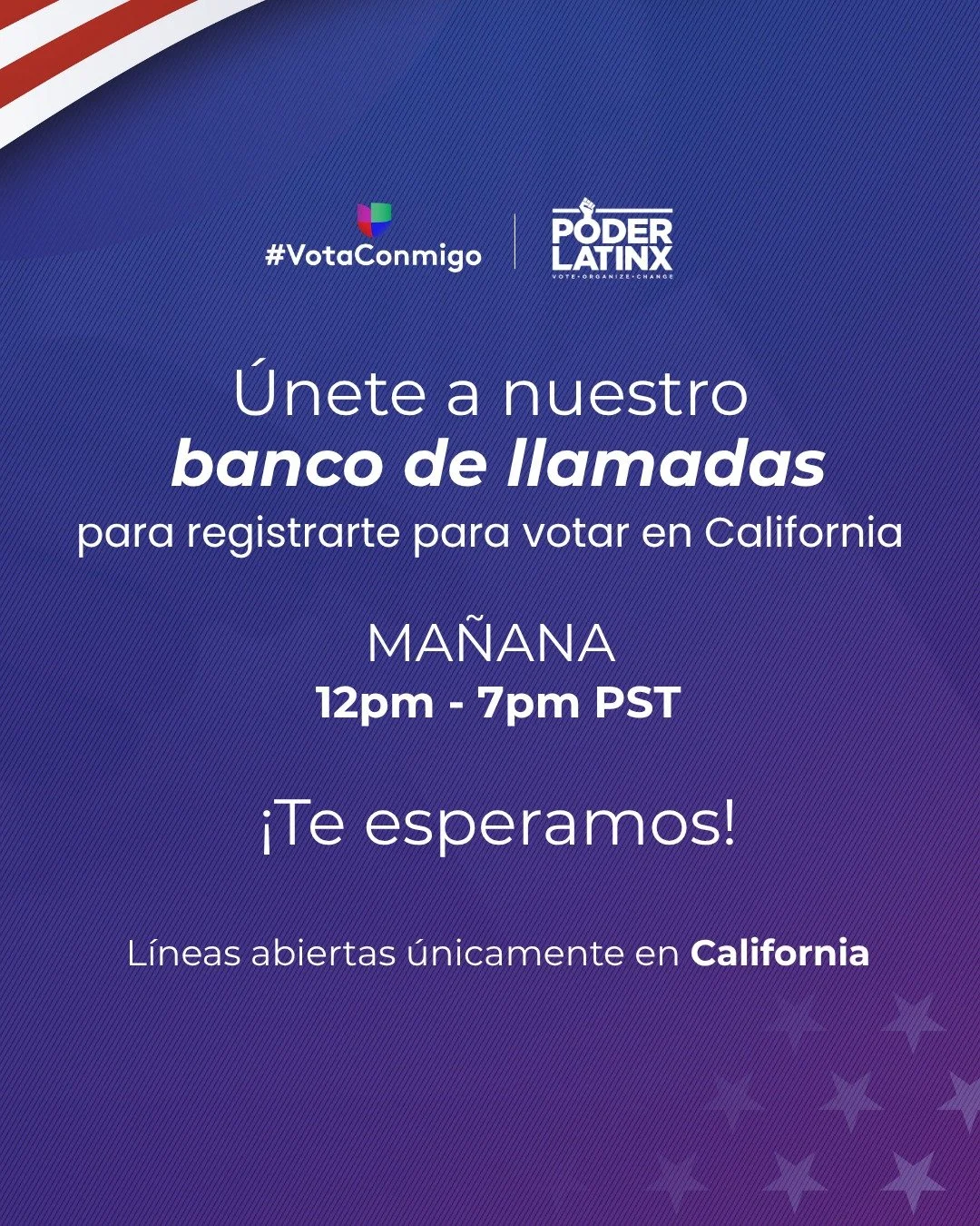 📞 &iexcl;Es hora de hacer tu voz escuchar!

&Uacute;nete a nuestro Banco de Llamadas para registrarte para votar. 🇺🇸
Ll&aacute;manos MA&Ntilde;ANA al 1-888-626-0092 entre 12pm &ndash; 7pm PST.
&iexcl;Tu voto importa y puede hacer la diferencia! 💪