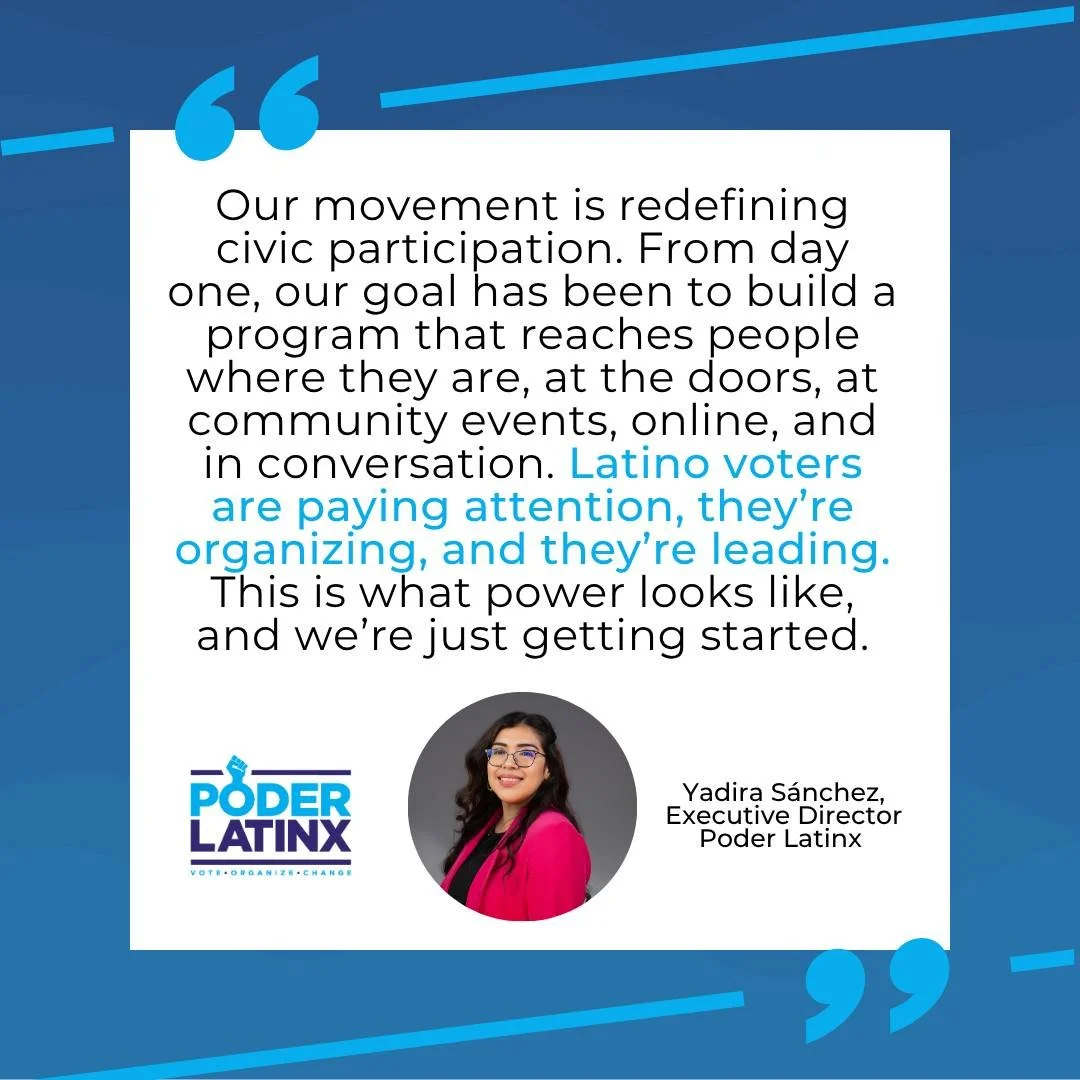 Latino voters showed up and showed their power! 💪✨ Across seven states, Poder Latinx&rsquo;s civic engagement programs are turning conversations into action, registering thousands of voters, and building a pipeline of leaders for sustained community