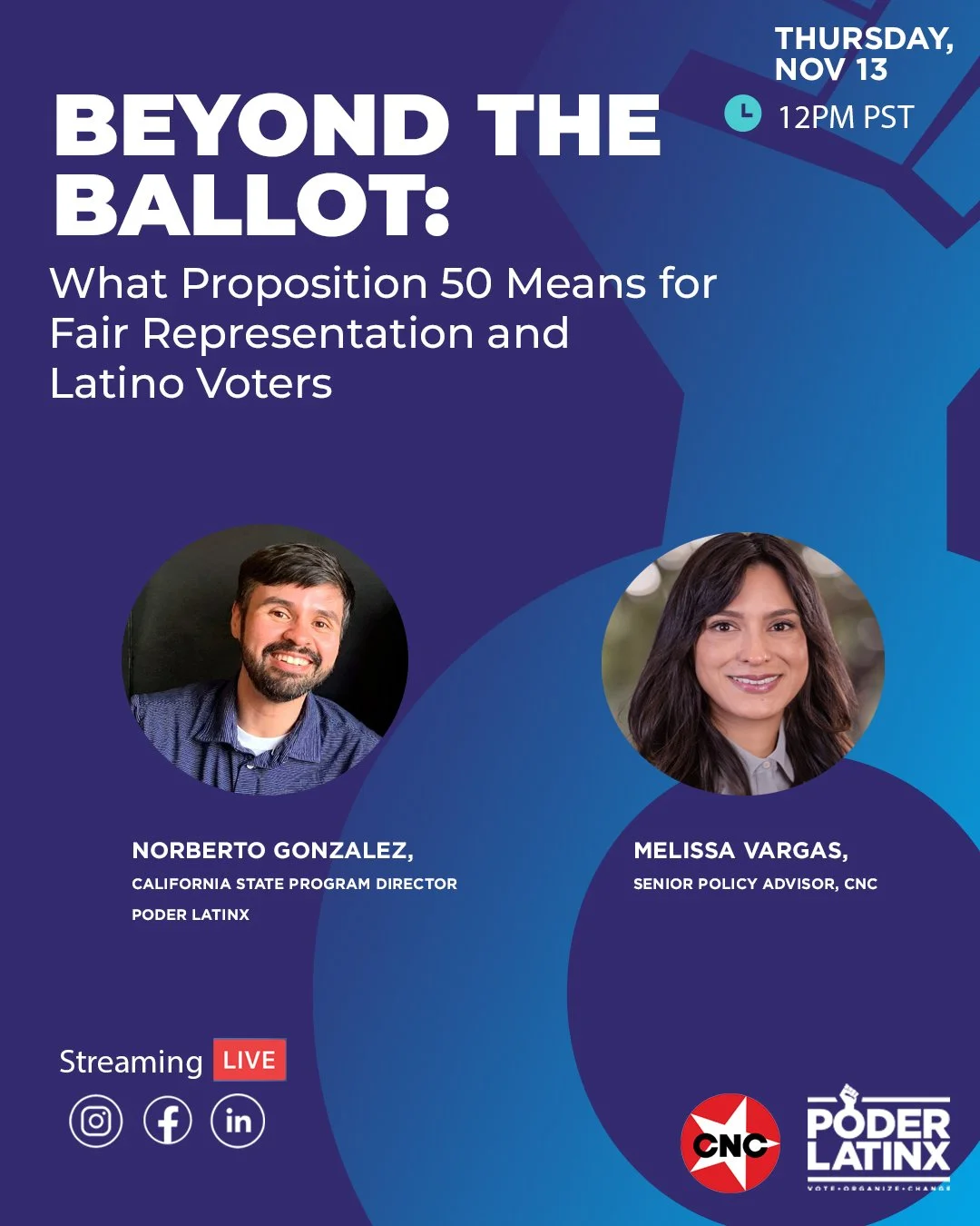💬 Beyond the Ballot: What Proposition 50 Means for Fair Representation and Latino Voters
Join Melissa Vargas and Norberto Gonzalez as they break down the results of California&rsquo;s November 4th special election. 🗳️
In just 90 days, community lea