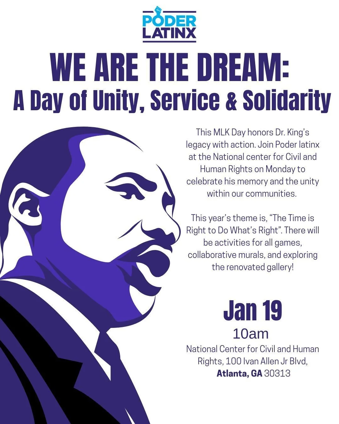 Dr. King had a dream and today, we are living it.
This Monday, Poder Latinx invites you to the National Center for Civil and Human Rights to honor Dr. Martin Luther King Jr.&rsquo;s legacy through unity, education  and community care.
Black communiti