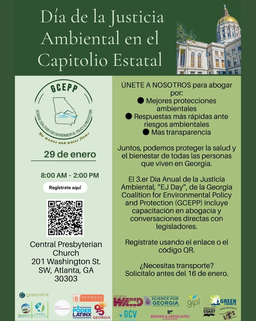 Together, we can protect the health and well-being of all Georgians.
The Georgia Coalition for Environmental Policy and Protection (GCEPP) invites you to the 3rd Annual Environmental Justice Day, featuring advocacy training and opportunities to speak