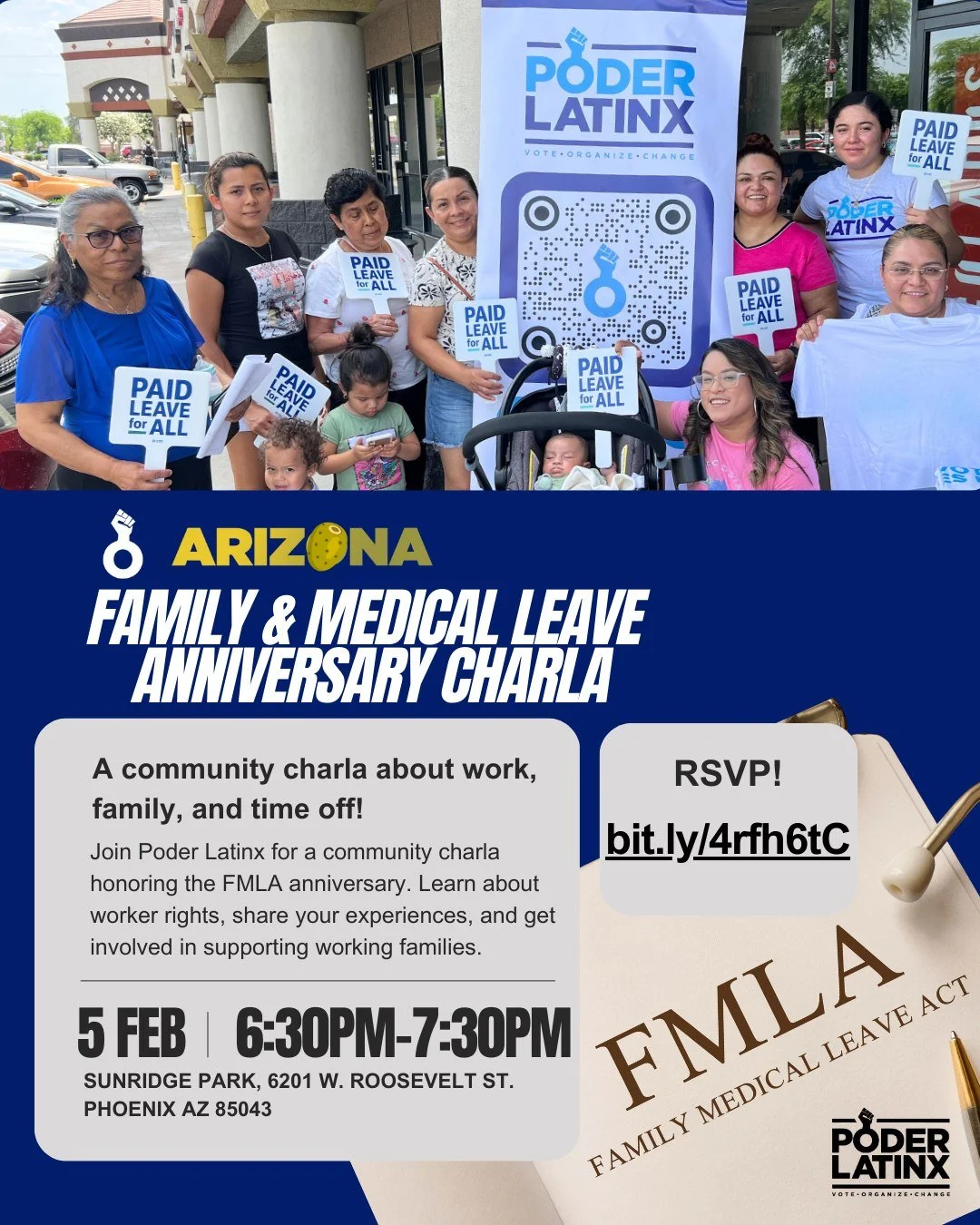Join us for a Family &amp; Medical Leave Anniversary Charla 💙
Let&rsquo;s talk work, family, and paid leave for all.

📍 Phoenix, AZ
🔗 RSVP: bit.ly/4rfh6tC

Acomp&aacute;&ntilde;anos a la Charla por el Aniversario del Permiso Familiar y M&eacute;di