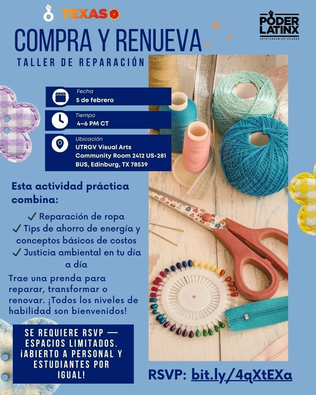 ♻️✨ Refresh your clothes &amp; help the planet! Join Sew Watt at UTRGV to learn sewing, repair, and sustainability. Free &amp; open to all! 🌱
🔗 RSVP: https://bit.ly/4qXtEXa