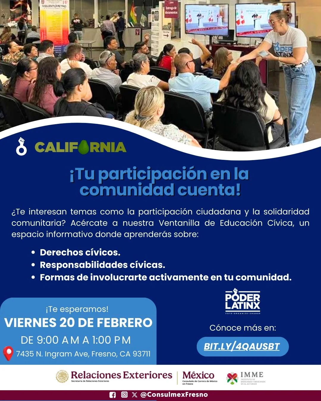 📣 &iexcl;Tu participaci&oacute;n en la comunidad cuenta!
Inf&oacute;rmate sobre tus derechos c&iacute;vicos, responsabilidades y c&oacute;mo involucrarte activamente en tu comunidad.
📍 Fresno, CA ⏰ 9:00 AM &ndash; 1:00 PM

Reg&iacute;strate ahora y