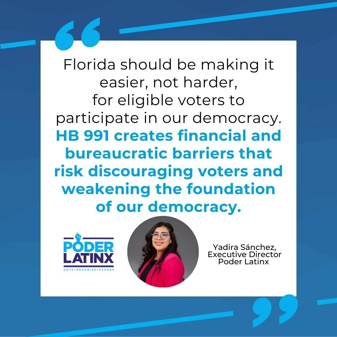 Poder Latinx condemns Florida HB 991, which imposes new proof-of-citizenship requirements and restricts voter access. We stand for protecting every eligible voter&rsquo;s right to participate. 

🔗 Read here: poderlatinx.org/press-releases 

 #PoderL
