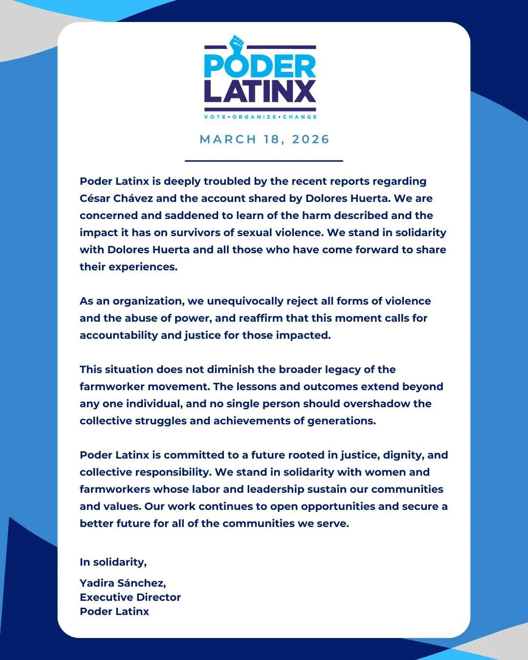 Poder Latinx stands in solidarity with all survivors and reaffirms our commitment to justice, dignity, and collective responsibility.

🔗Read our full statement here: poderlatinx.org/press-releases