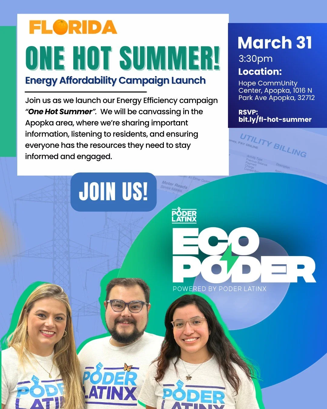 📢 Join Poder Latinx and Hope CommUnity Center for a community canvass in Apopka! We&rsquo;ll knock on doors, collect surveys, and remind neighbors to vote in the mayoral run-off election. Let&rsquo;s raise awareness about energy affordability and ci