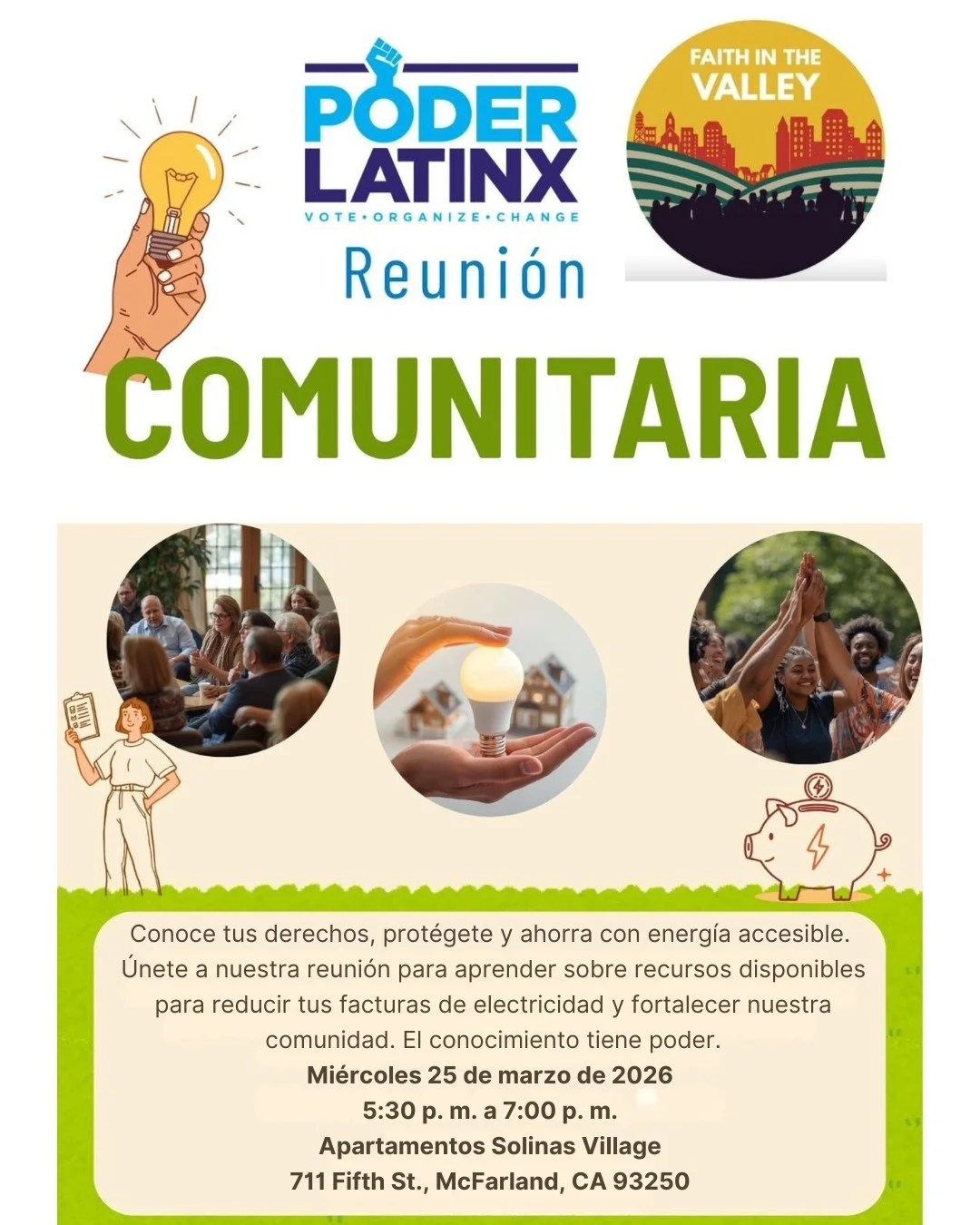 💡 Ahorra en tu factura de luz y conoce tus derechos ⚡️

Te esperamos este mi&eacute;rcoles en McFarland para aprender sobre recursos de energ&iacute;a accesible y apoyar a nuestra comunidad.

🔗 Reg&iacute;strate: https://bit.ly/4tb2r3S

#PoderLatin