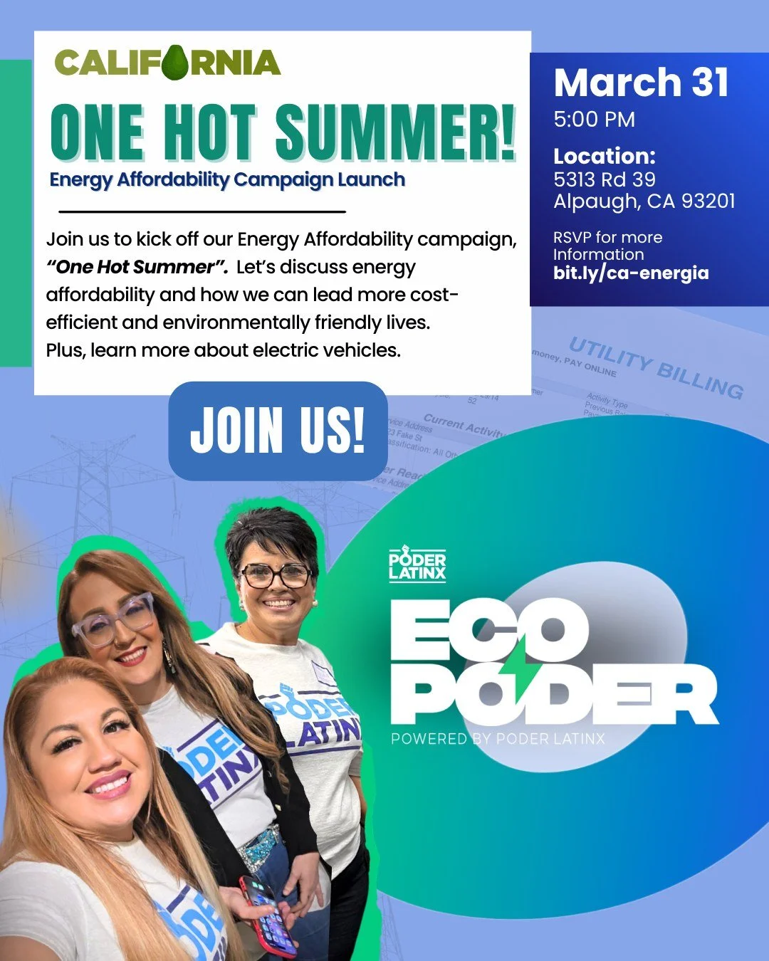 ⚡️ California, energy for the people! Join us for the launch of the Qu&eacute; Calor campaign 🌱
We&rsquo;ll talk affordable energy, clean air, and saving for our families.

🚗 Check out 2 electric vehicles (EVs) and learn how clean transportation ca