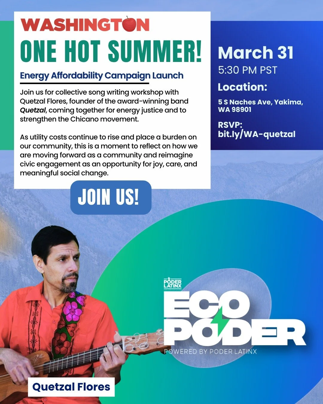 Join us for a collective songwriting workshop with Quetzal Flores 🎶
Let&rsquo;s come together for energy justice, community, and the Chicano movement. As utility costs rise, we reimagine civic engagement through joy, care, and collective power.

&Ua