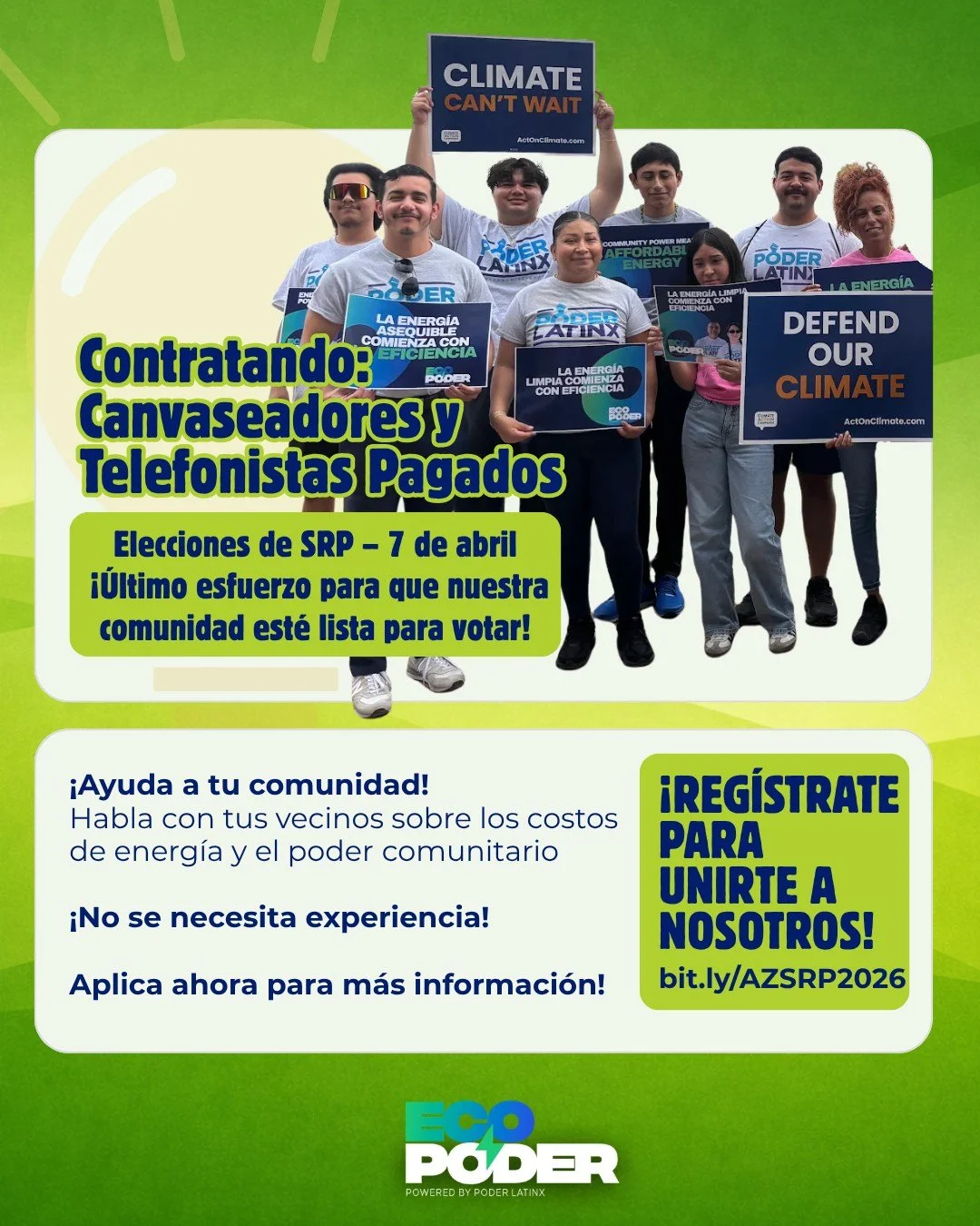 🚨 Elecciones de SRP: 7 de abril de 2026 🚨
&iexcl;Este fin de semana, da el paso y haz la diferencia en tu comunidad! Habla con tus vecinos sobre los costos de energ&iacute;a y el poder comunitario 💡

💼 Pagado | 📚 No se necesita experiencia

Apli