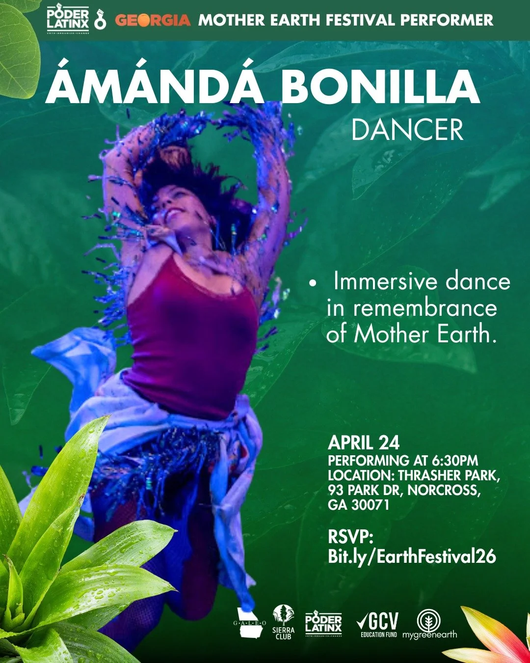 Presented by Poder Latinx and in partnership with GALEO, Sierra Club, and Georgia Conservation Voters Ed Fund.

We are honoring Earth Month through a vibrant celebration of culture, education, and community! All while listening to a dynamic lineup of