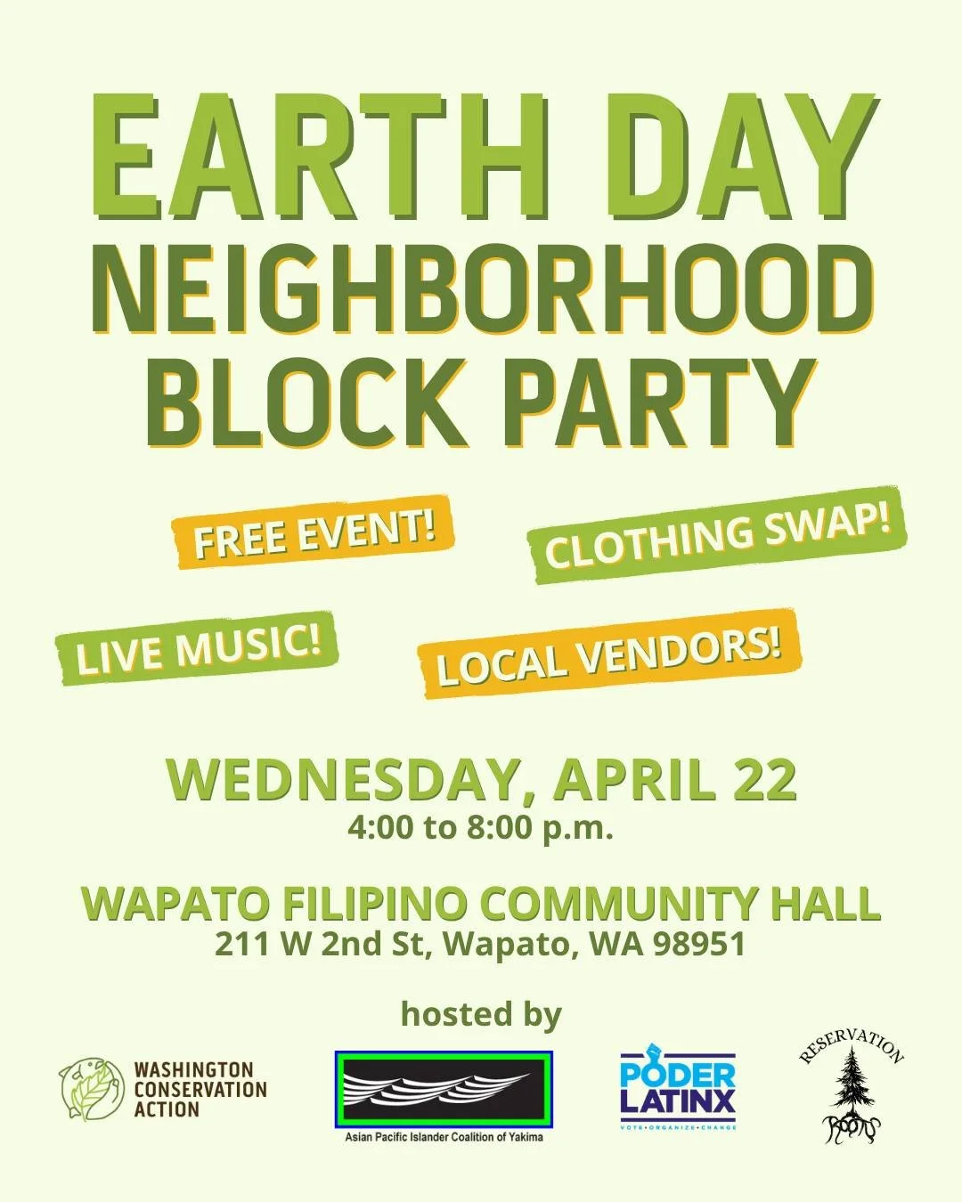 Join us in Wapato for a powerful celebration of Mother Earth at the historic Filipino Hall, uplifting community, culture, and environmental justice.

🎶 Live music
🤝 Community resources &amp; cultural exchange
👕 Clothing swap
🍽️ Filipino food (sup