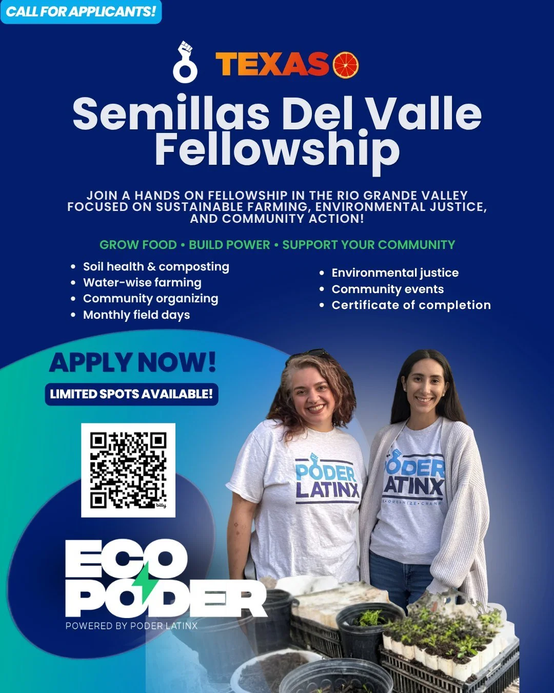 🌱 Texas Poder Latinx introduces: Semillas del Valle Fellowship

Calling environmental justice advocates, organizers, and anyone ready to get involved in the Rio Grande Valley 🌎✨

🌿 Monthly field days
⚡ Community events on energy affordability &amp