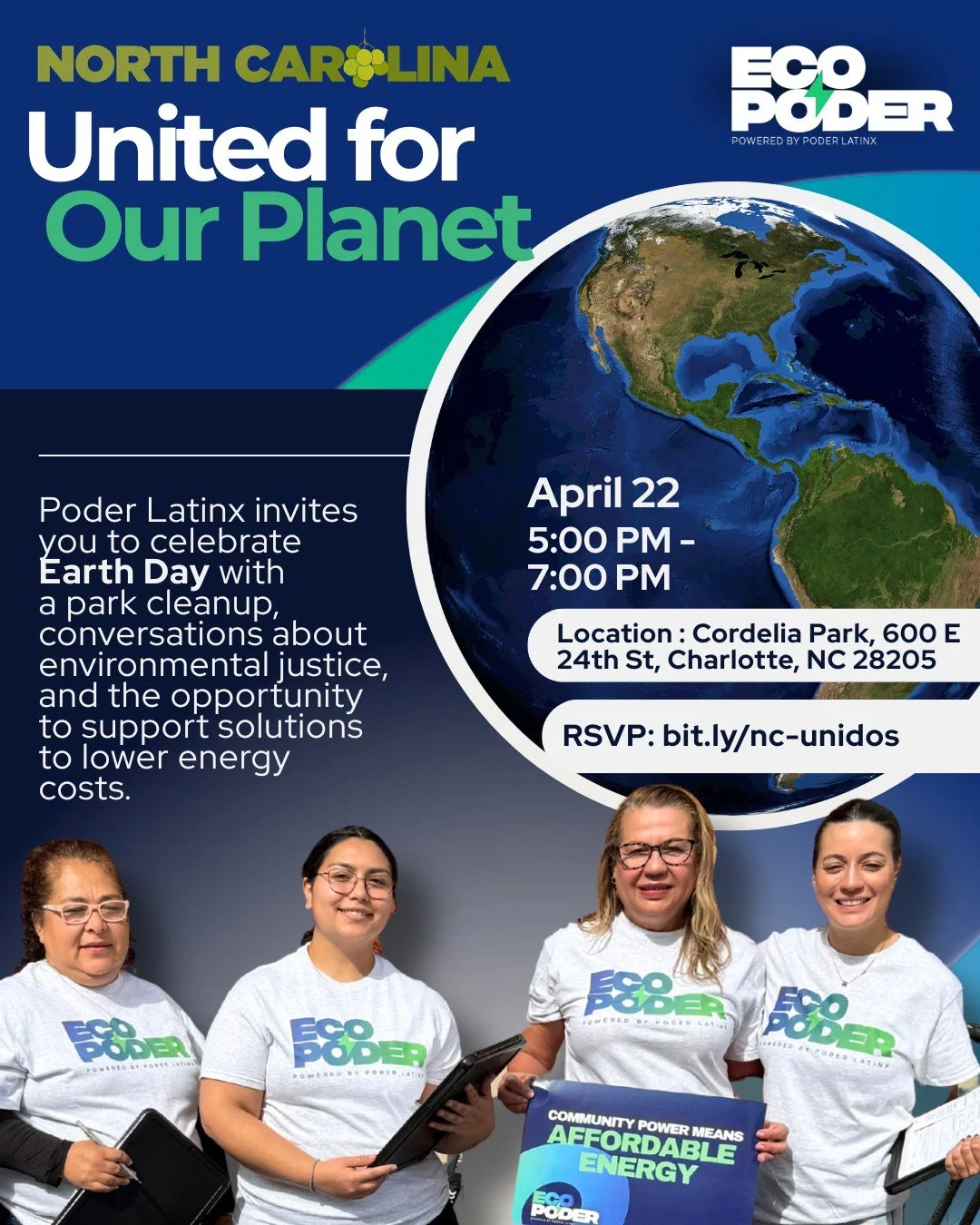 Poder Latinx invites you to celebrate Earth Day 🌎 with a park cleanup, conversations on environmental justice, and ways to support solutions that lower energy costs.
RSVP: bit.ly/nc-unidos 

Poder Latinx te invita a celebrar el D&iacute;a de la Tier