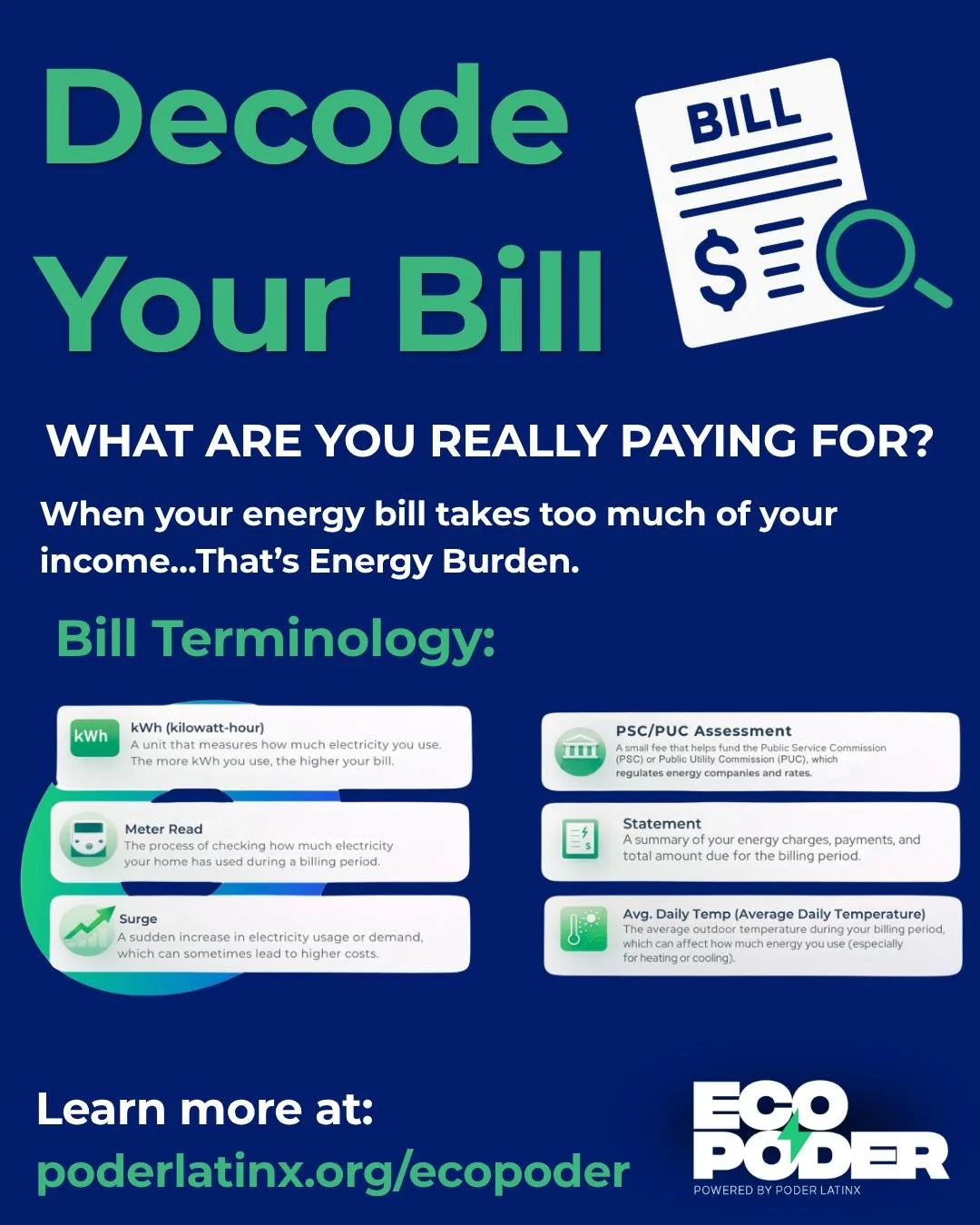Your energy bill shouldn&rsquo;t be confusing 🗣️

At Poder Latinx, we&rsquo;re breaking it down so it&rsquo;s easy to understand, what you&rsquo;re paying for, why it matters, and how it connects to your power.

Learn how to decode your bill at pode