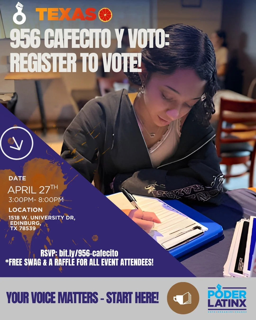 Join us for a community voter registration event! Stop by to register to vote quickly and easily while enjoying cafecito in a welcoming space. 📍 The Caffeine Library
💌 Free swag
🎟️ Raffle giveaways
✨ Eco glitter bar
Come connect, get informed, and