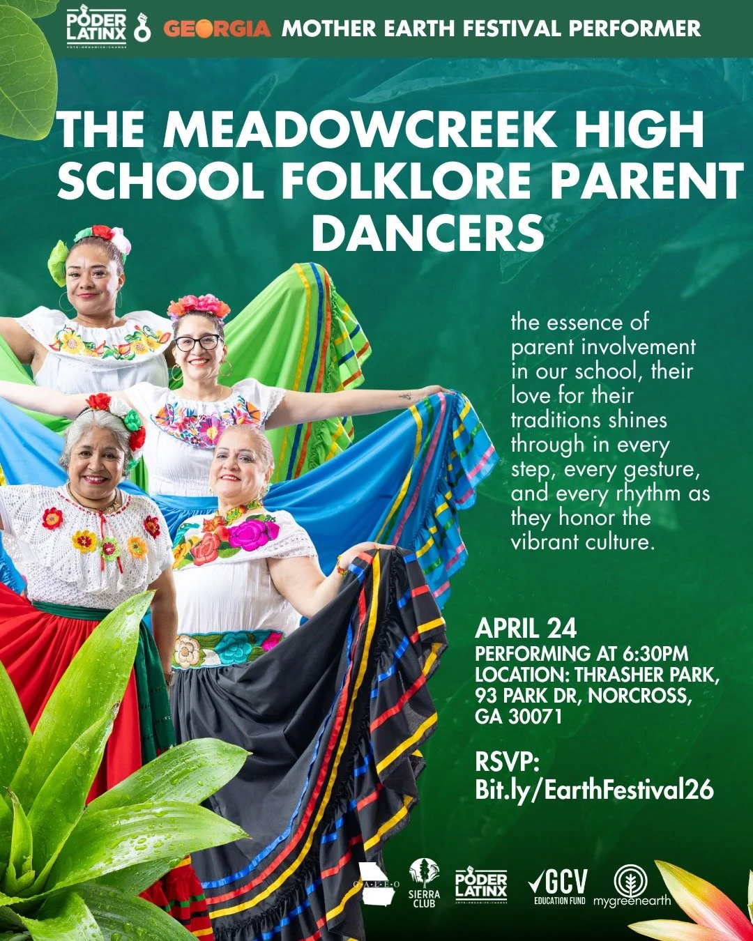 Presented by Poder Latinx and in partnership with GALEO, Sierra Club, and Georgia Conservation Voters Ed Fund.

We are honoring Earth Month through a vibrant celebration of culture, education, and community! All while listening to a dynamic lineup of