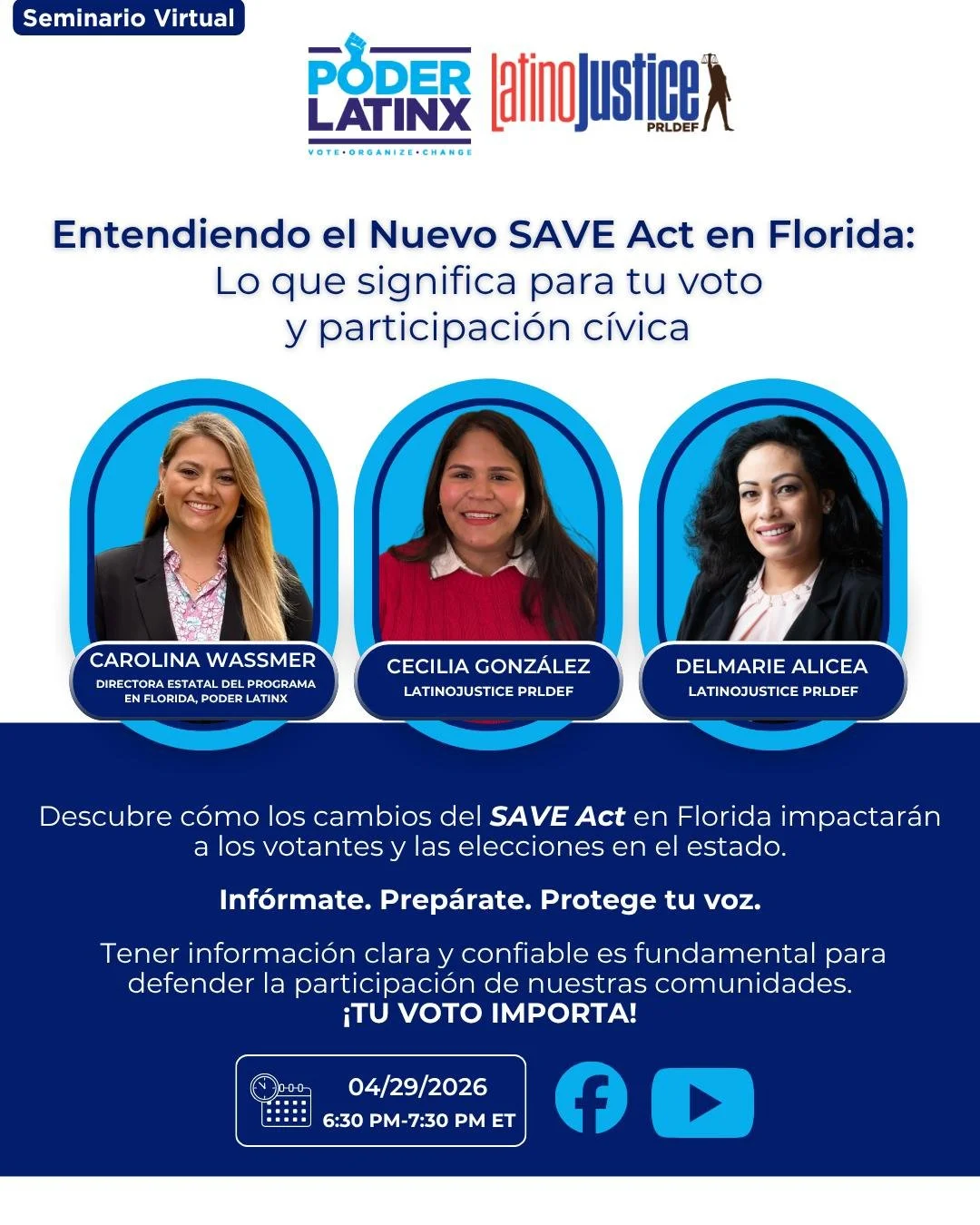 🚨 El nuevo SAVE Act en Florida cambia los requisitos para votar en el estado. 🚨
Si votas o conoces a alguien que vota en FL, asiste a este webinar donde vamos a explicarlo claro y al grano: qu&eacute; cambia, c&oacute;mo te afecta y por qu&eacute; 