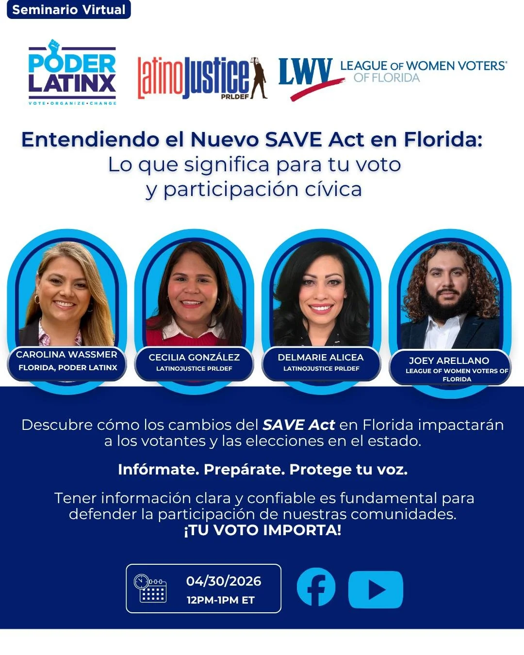 🚨Nuevo Panelista🚨

El nuevo SAVE Act en Florida cambia los requisitos para votar en el estado. 
Si votas o conoces a alguien que vota en FL, asiste a este webinar donde vamos a explicarlo claro y al grano: qu&eacute; cambia, c&oacute;mo te afecta y