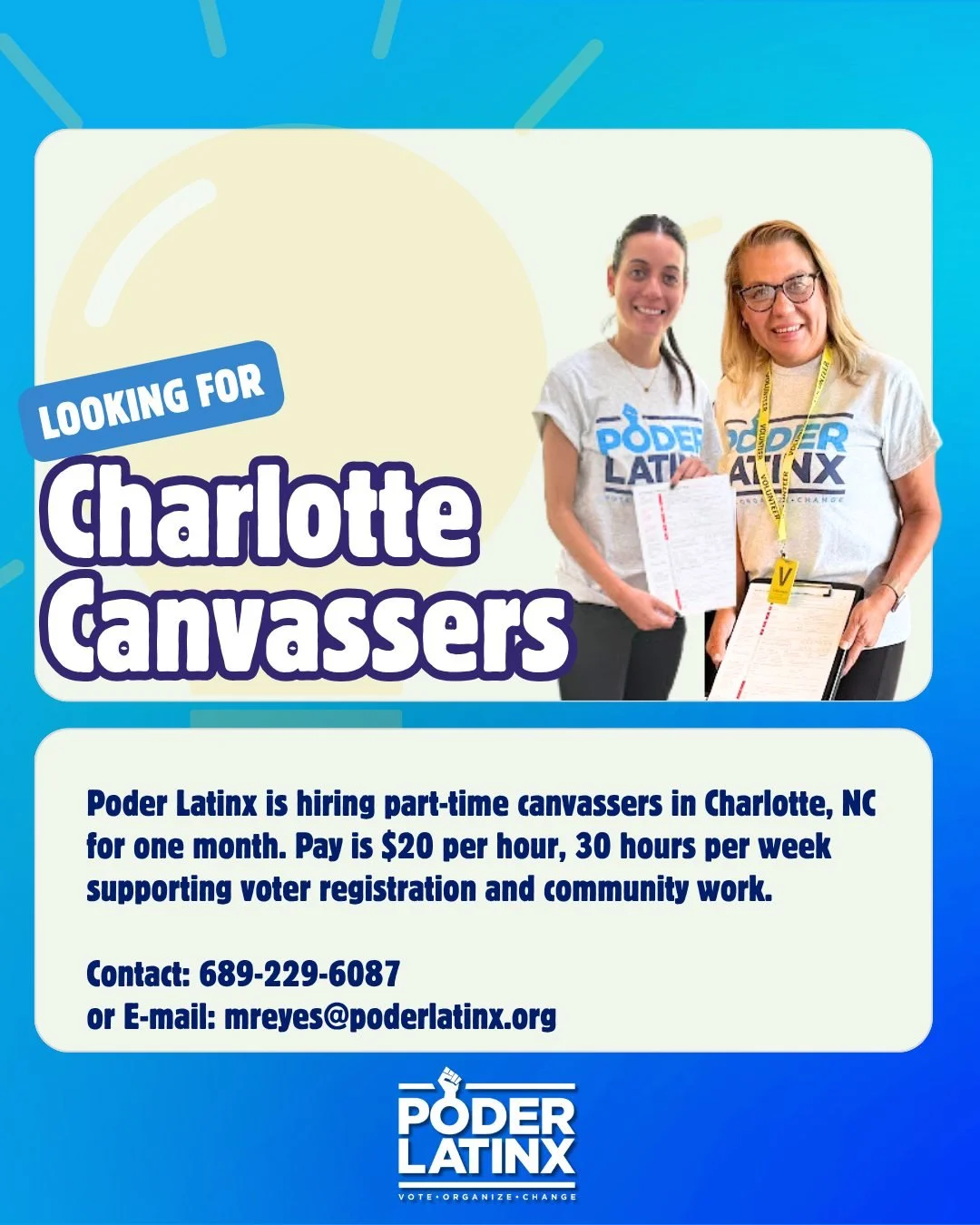 🚨 #PoderLatinx is hiring Part-Time Canvassers in Charlotte, NC at $20/hour for 30 hours a week supporting voter registration and community outreach this election season. 

🚨 &iexcl;#PoderLatinx est&aacute; contratando Canvassers de Medio Tiempo en 
