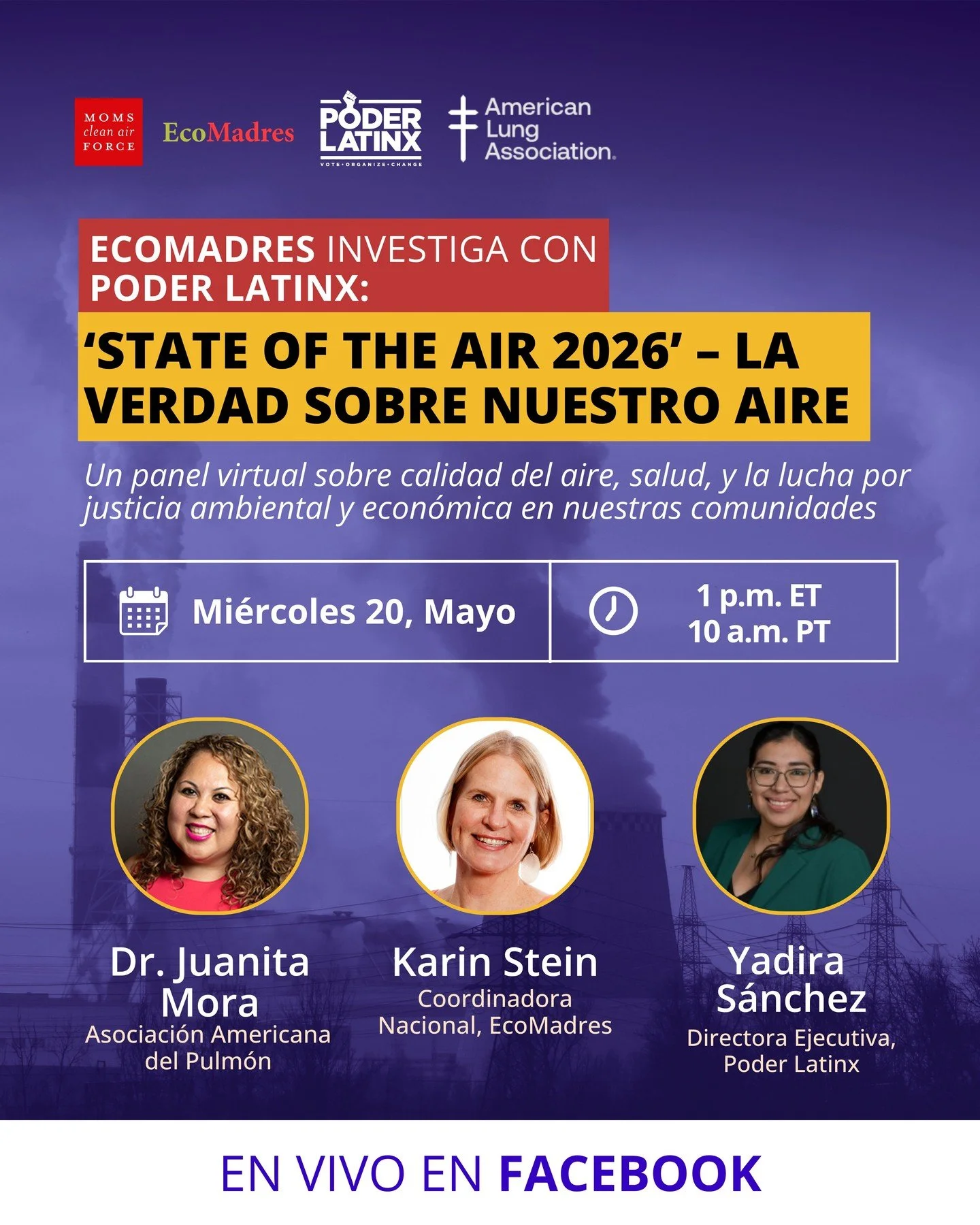 Un panel virtual sobre calidad del aire, salud y la lucha por la justicia ambiental y econ&oacute;mica en nuestras comunidades. 🌍️ 

El informe State of the Air 2026 muestra una realidad alarmante: las personas hispanas tienen m&aacute;s del triple 