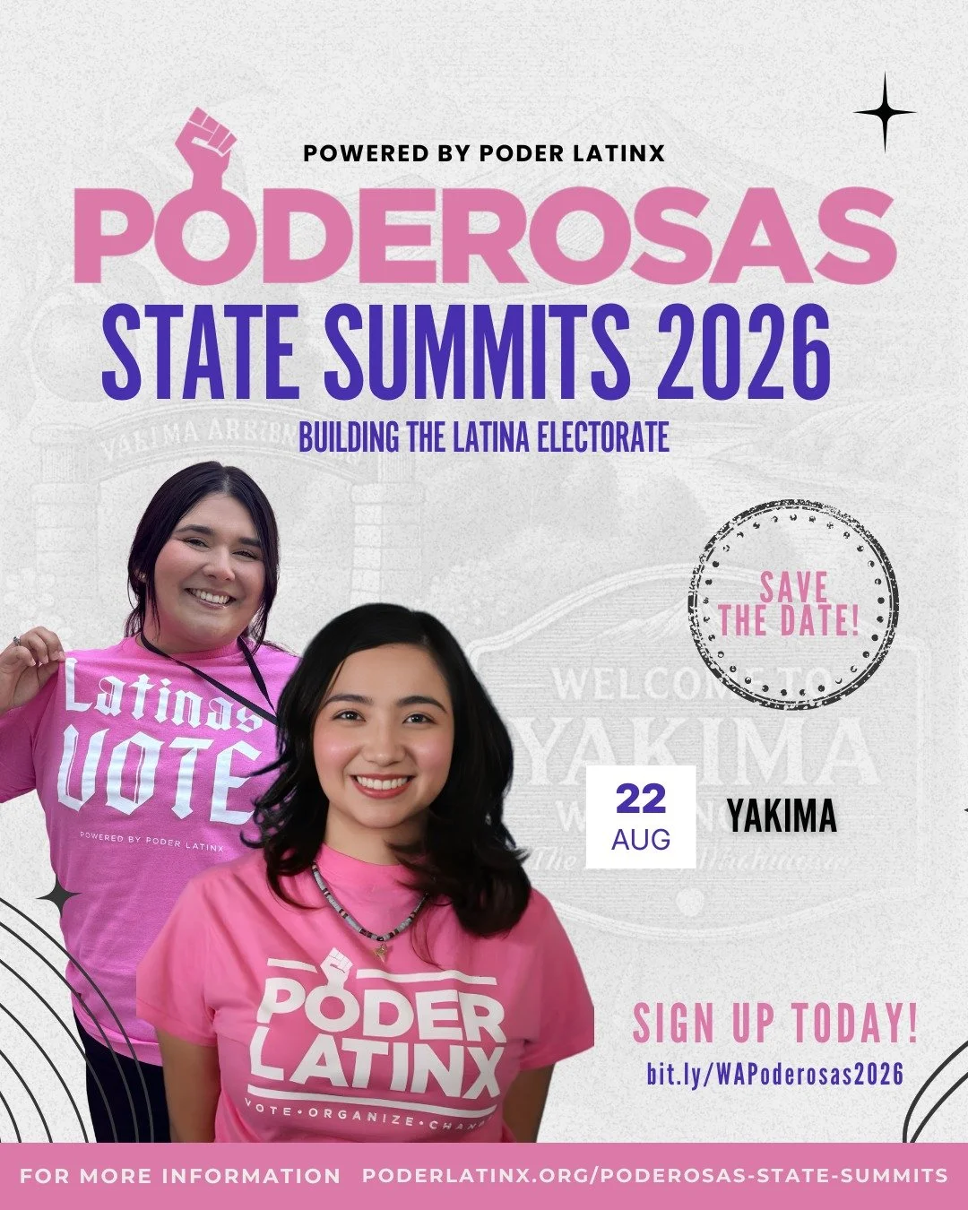 🌲Washington Poderosas, this space was made for YOU! 💜

The 2026 Poderosas Summit Tour is headed to Washington as our third stop this summer, bringing Latinas together to build community, grow leadership, and strengthen the Latina electorate ahead o