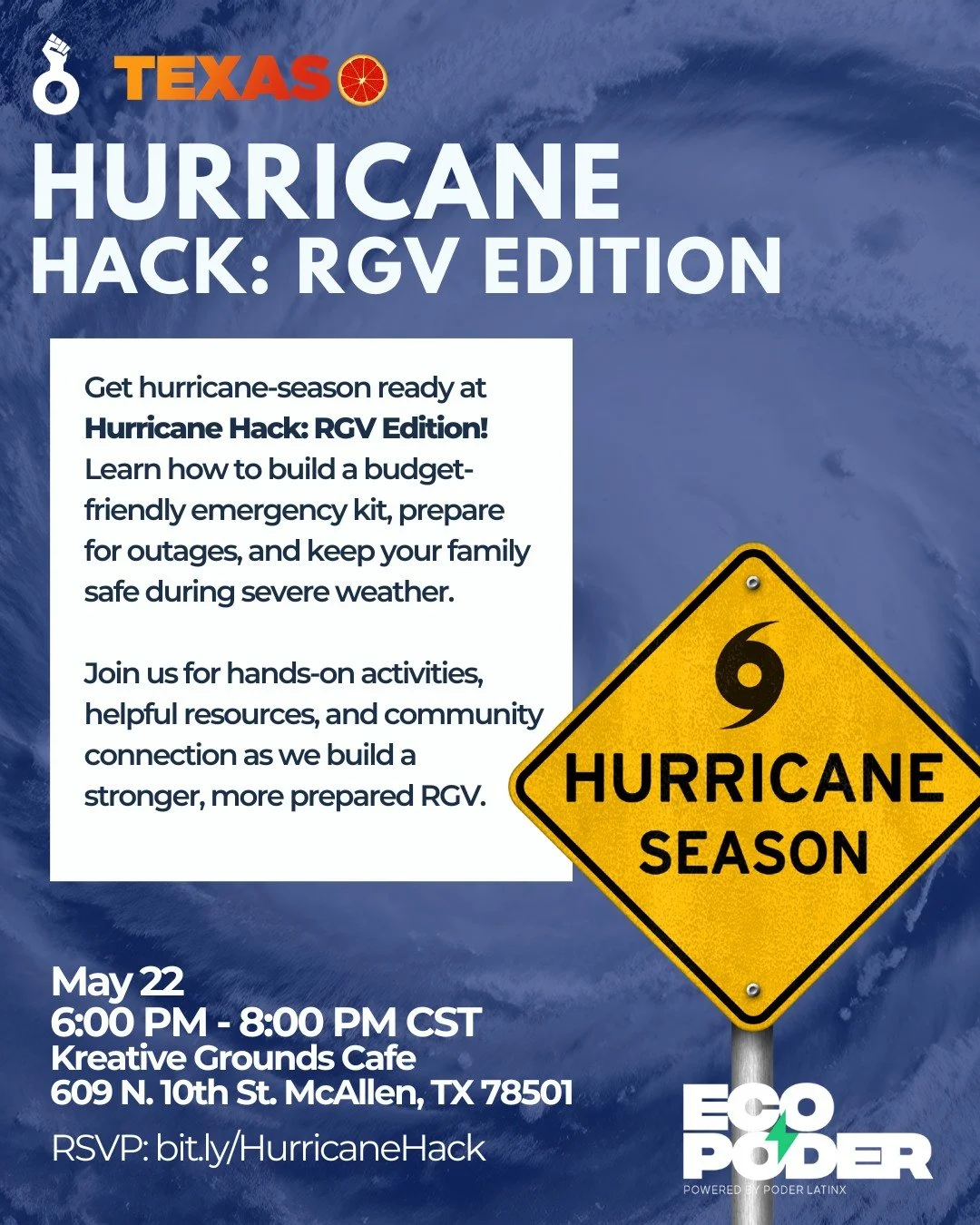 🚨 Hurricane season is around the corner, RGV. Are you prepared? 🌪️⚡

Join us for Hurricane Hack:  From emergency kits on a budget to understanding outages and energy preparedness, this interactive event will give you the tools you need to stay read