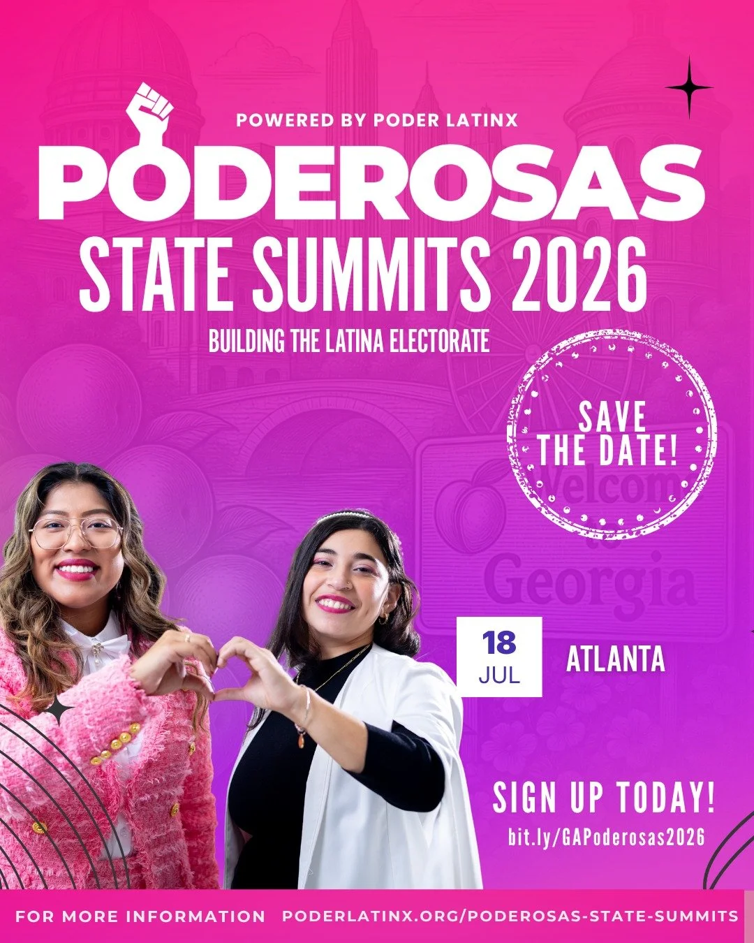 Georgia, the 2026 Poderosas Summit Tour starts with YOU ✨

Latinas across Georgia are coming together to build power, organize for our communities, and lead ahead of this year&rsquo;s elections 💜

Energy affordability. Civic engagement. Latina leade