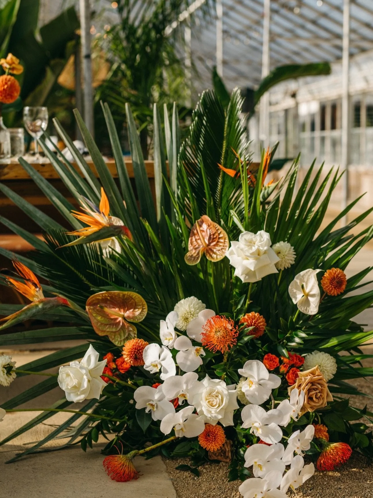 Tropical Oasis in the smaller greenhouse at @dos_pueblos_orchid_farm was a special experience! Loved bringing in all the lush green plants, tropical florals, simple bud vases, and draping orchids.

@annjohnsonevents 
@kindredweddings 
@elaneventrenta