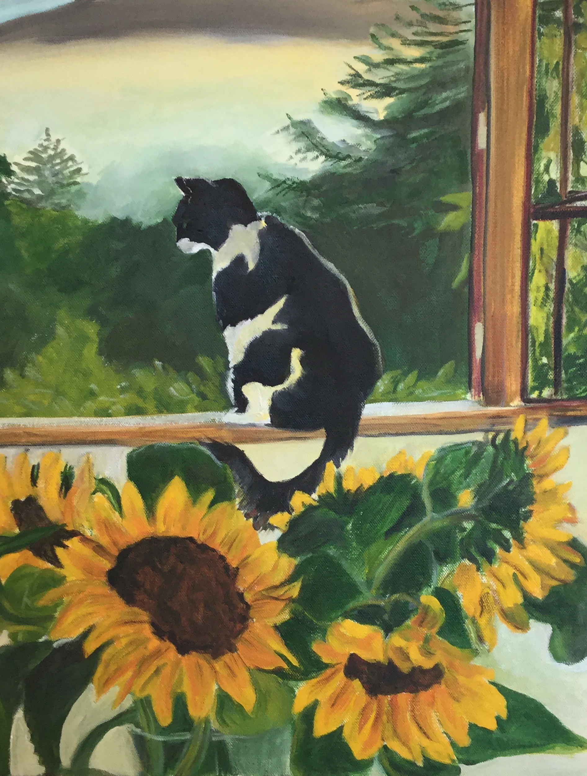 Cat, View, Sunflowers, 2017, 16x20”, oil on canvas