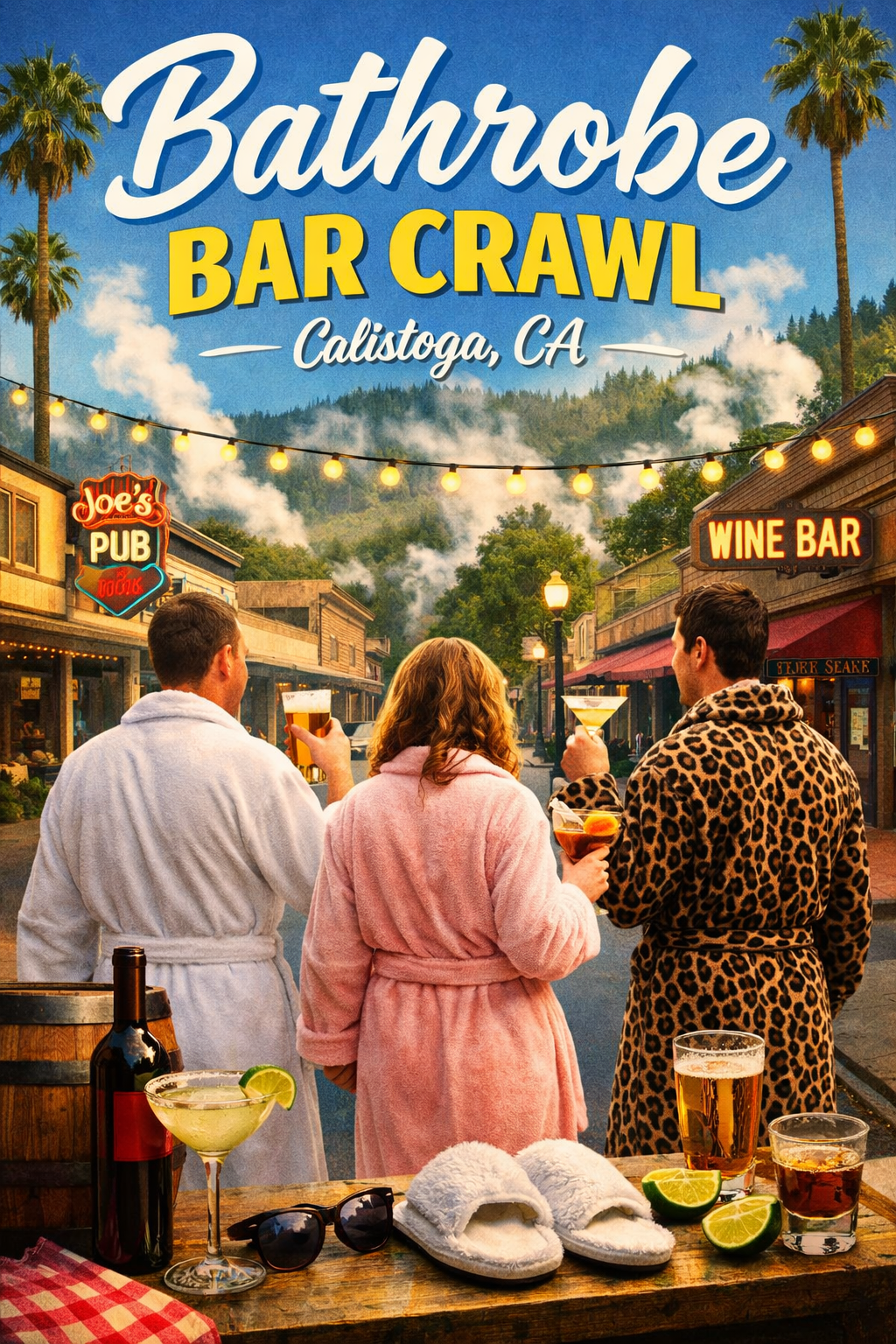 #BathrobeBarCrawl #Calistoga #WineCountryVibes #SipAndSoak #NapaValley #StayCozy