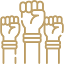 Three raised fists symbolizing protest or solidarity.