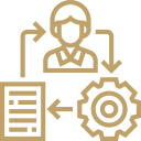 Icon depicting a person connected to a document and a gear, representing workflow or process management.