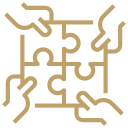 Abstract geometric design with interconnected lines and shapes in black and gold.