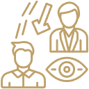 Outline of two people, one with a speech bubble containing an eye, representing communication or observation.