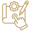 Drawing of a person fishing from a boat in a river with rocks and trees in the background.