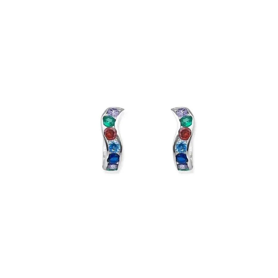 Asymmetrical hoop earrings with colorful cubic zirconia.