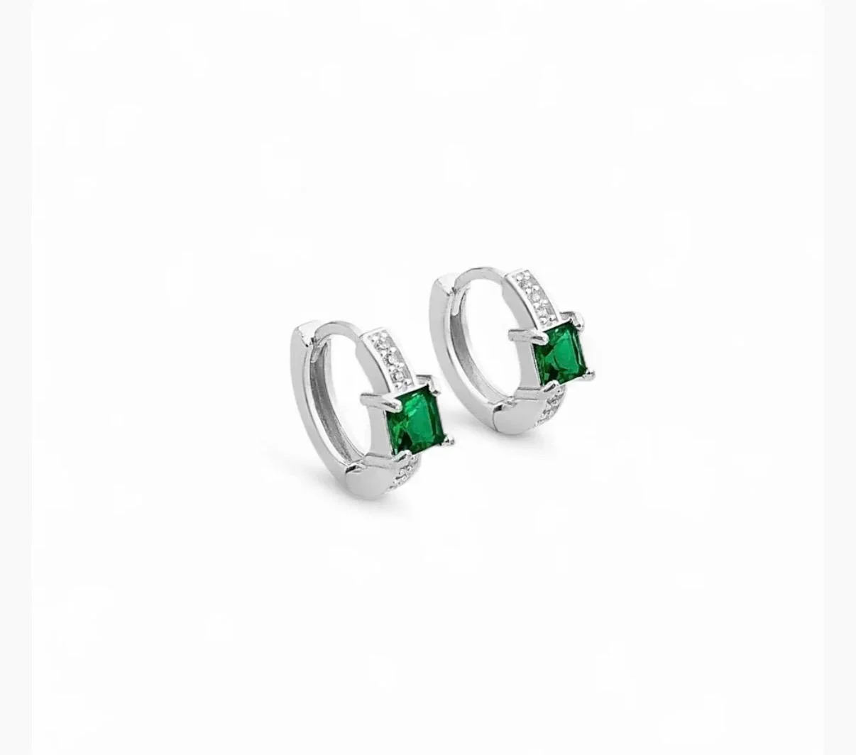 Square Click Hoop Earring Studded with Zirconia and Emerald