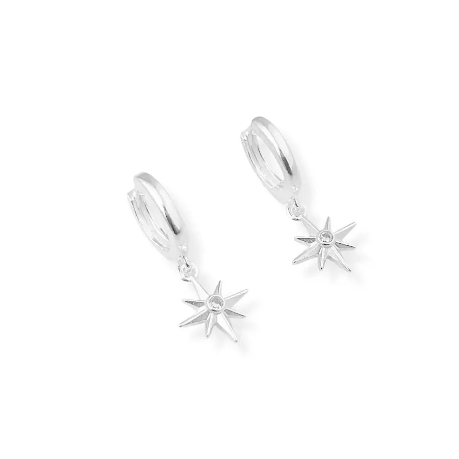Hoop earring with star pendant and cubic zirconia in the center.